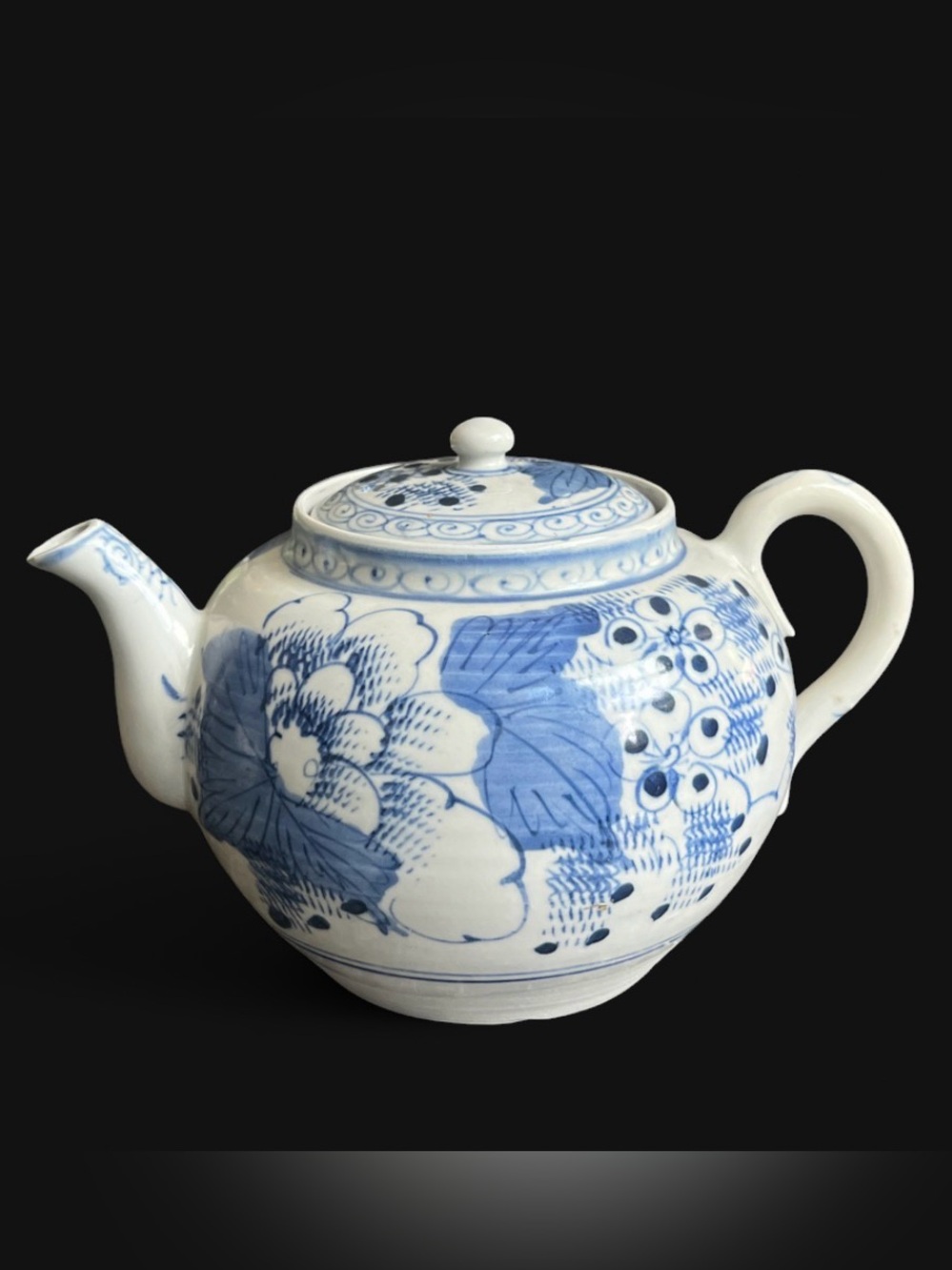 Antique Japanese Aizu-Hongo Blue & White Porcelain Teapot Botan Flowers